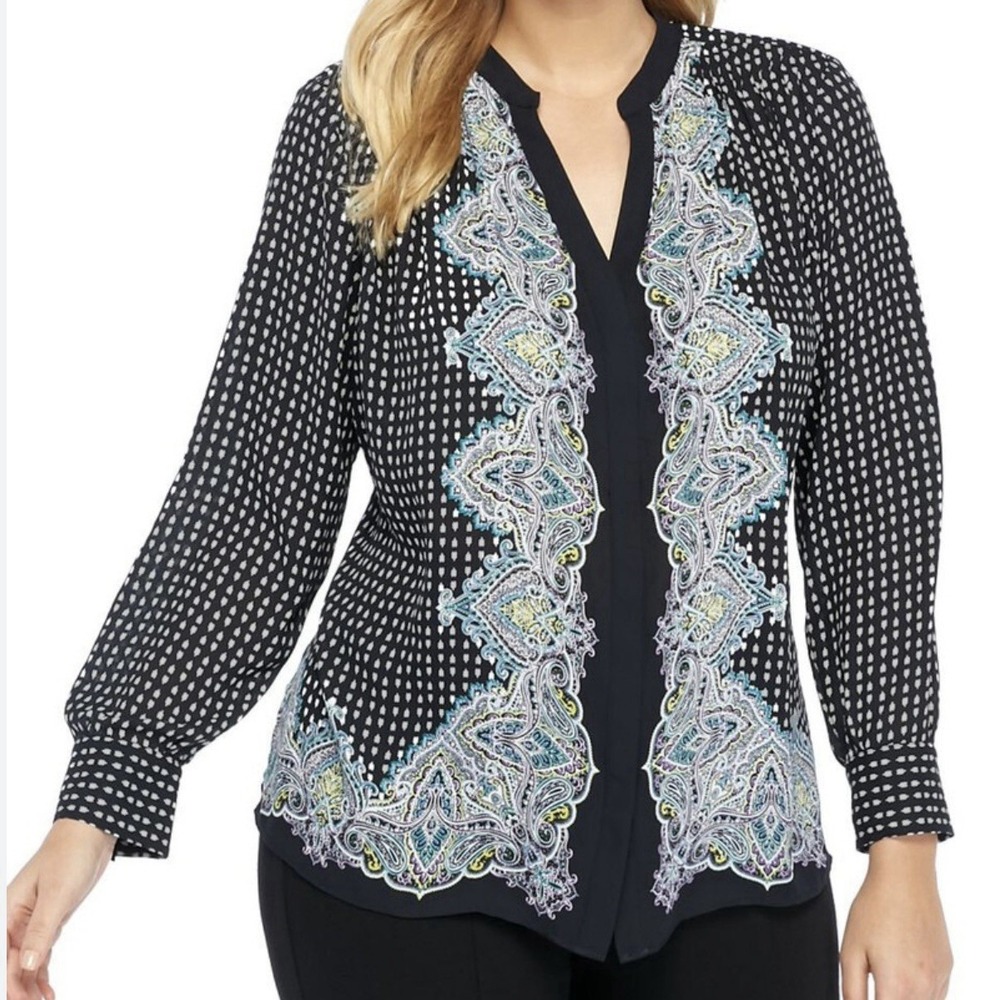 The Limited Collection XL Winter Paisley Sheer Top Blouse Navy Blue Button Down